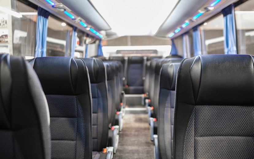 Interior of a tour bus used for Stonehenge excursions with audio guide.