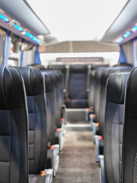 Interior of a tour bus used for Stonehenge excursions with audio guide.
