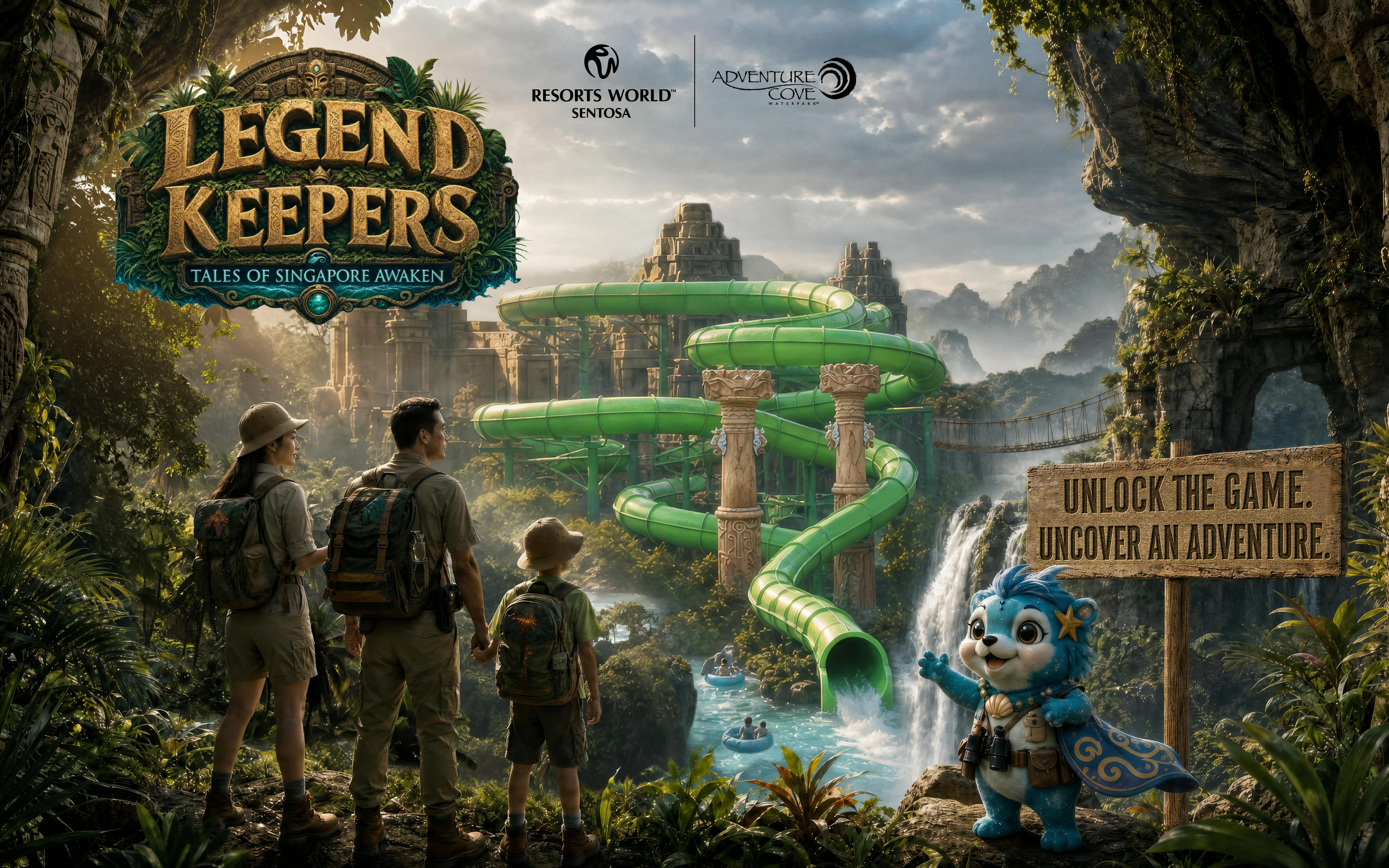 Family exploring Adventure Cove water park with green slides and jungle backdrop, Halloween 2026 event.