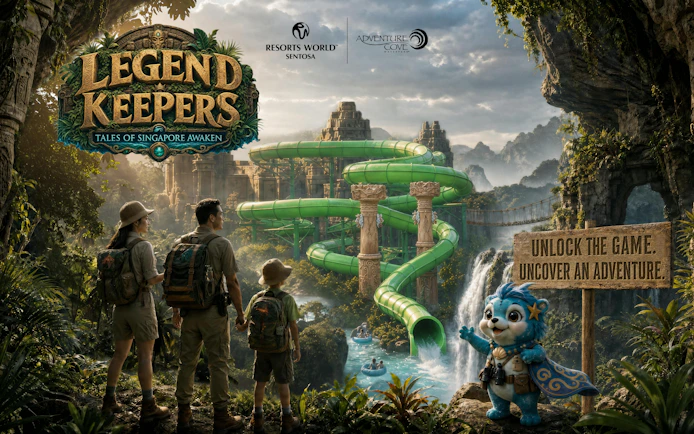 Family exploring Adventure Cove water park with green slides and jungle backdrop, Halloween 2026 event.