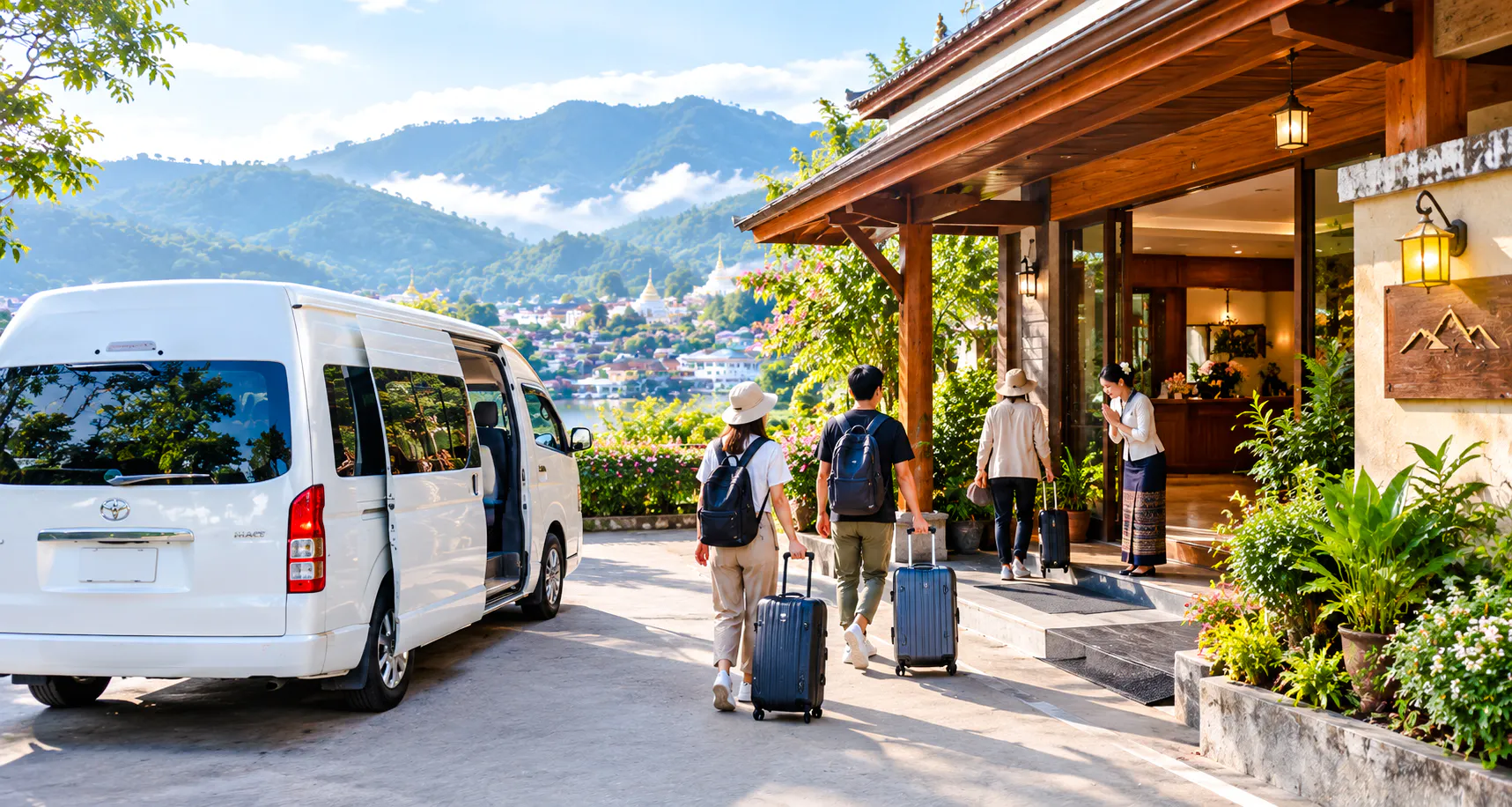Travelers with luggage entering a hotel, white van parked outside, Chiang Mai to Mae Hong Son transfer.