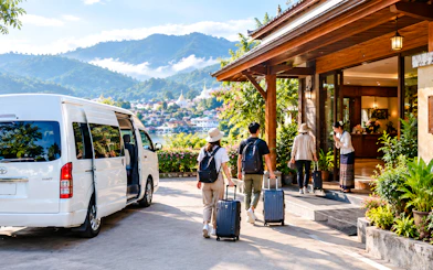 Travelers with luggage entering a hotel, white van parked outside, Chiang Mai to Mae Hong Son transfer.