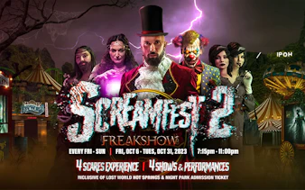 Lost World of Tambun Screamfest poster with performers in costumes, Ipoh, Malaysia.