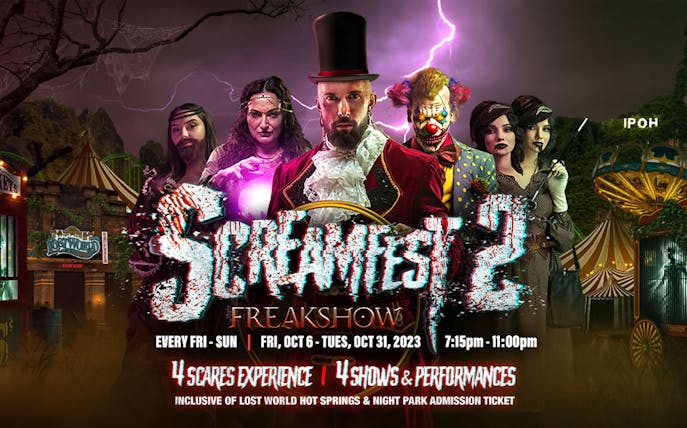 Lost World of Tambun Screamfest poster with performers in costumes, Ipoh, Malaysia.