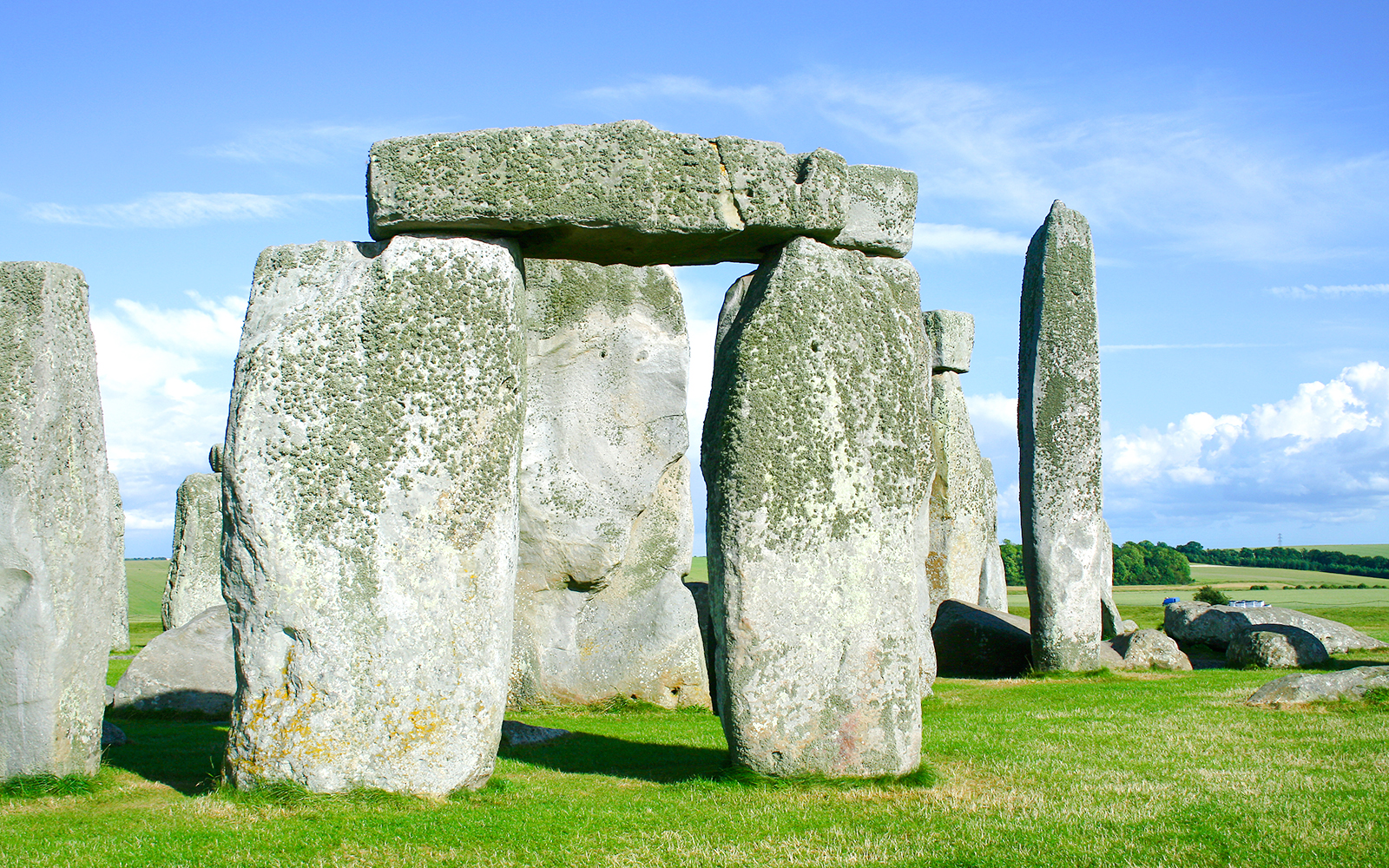 Stonehenge stone circle under blue sky near London.