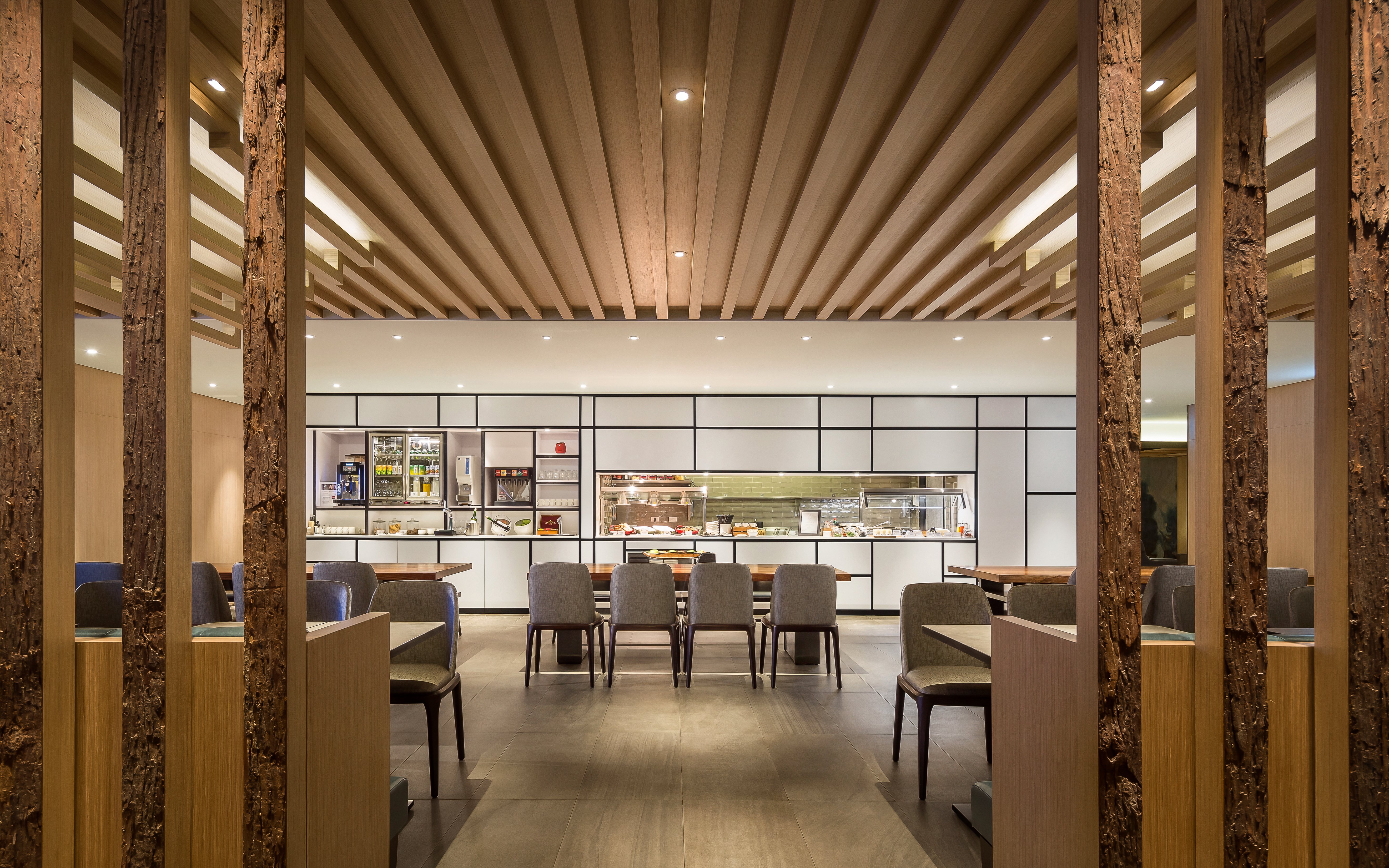 Plaza Premium Lounge seating and buffet area, Zone D, Taipei, Taiwan.