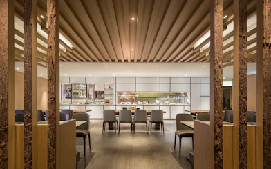 Plaza Premium Lounge seating and buffet area, Zone D, Taipei, Taiwan.