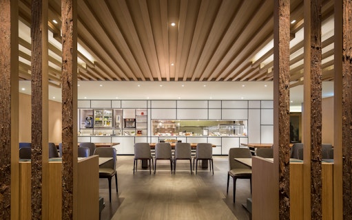 Plaza Premium Lounge seating and buffet area, Zone D, Taipei, Taiwan.