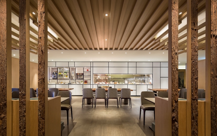 Plaza Premium Lounge seating and buffet area, Zone D, Taipei, Taiwan.