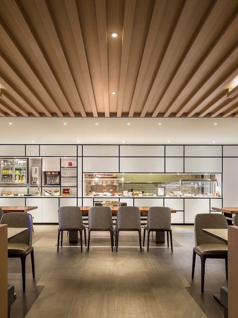 Plaza Premium Lounge seating and buffet area, Zone D, Taipei, Taiwan.