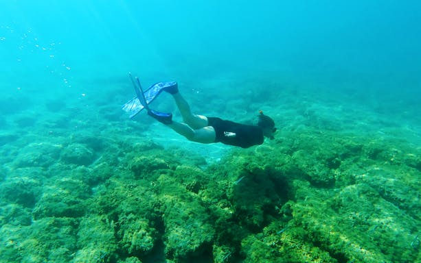 Girl snorkeling over coral reef during Langkawi Mangrove Discovery Adventure Tour.