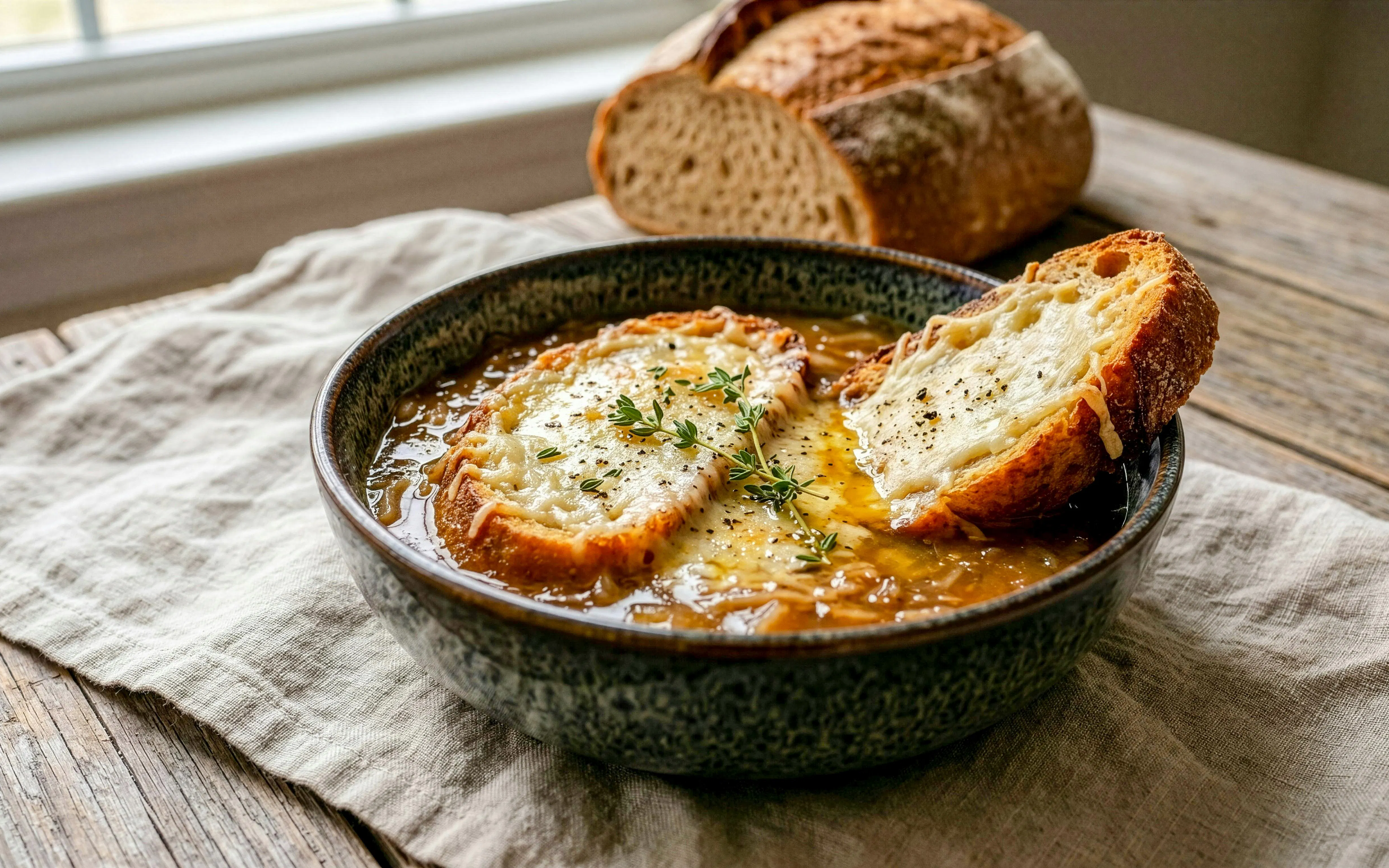 French onion soup with melted cheese and bread, served at Jacquemart André Museum café.