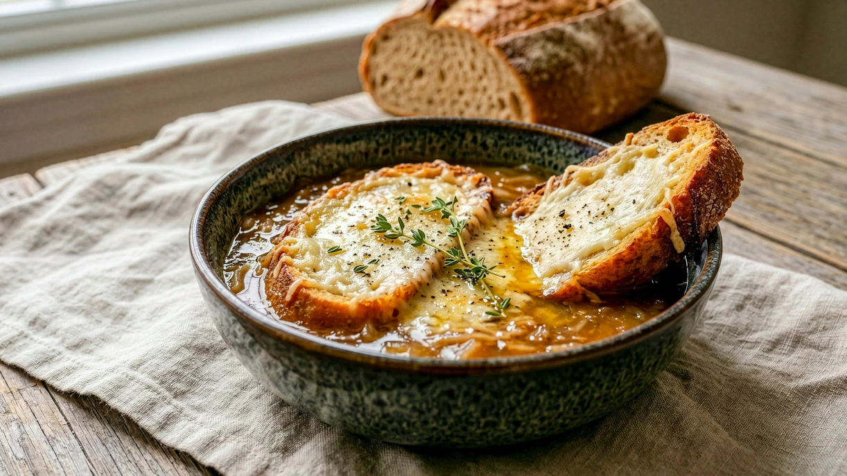 French onion soup with melted cheese and bread, served at Jacquemart André Museum café.