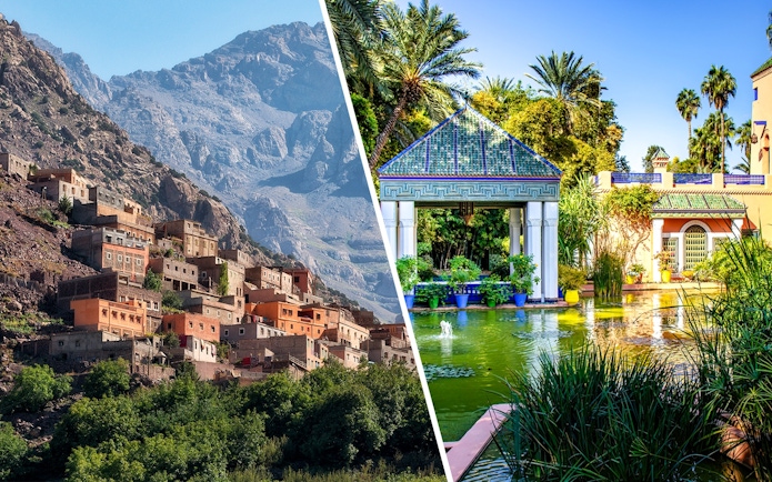 Jardin Majorelle garden with vibrant flora and blue pavilion in Marrakech, Morocco.