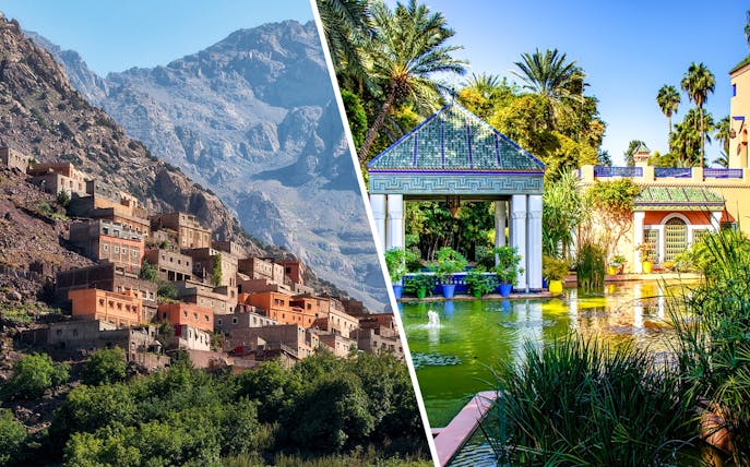 Jardin Majorelle garden with vibrant flora and blue pavilion in Marrakech, Morocco.