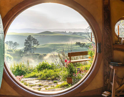 View from Hobbiton house window overlooking lush green hills in New Zealand.