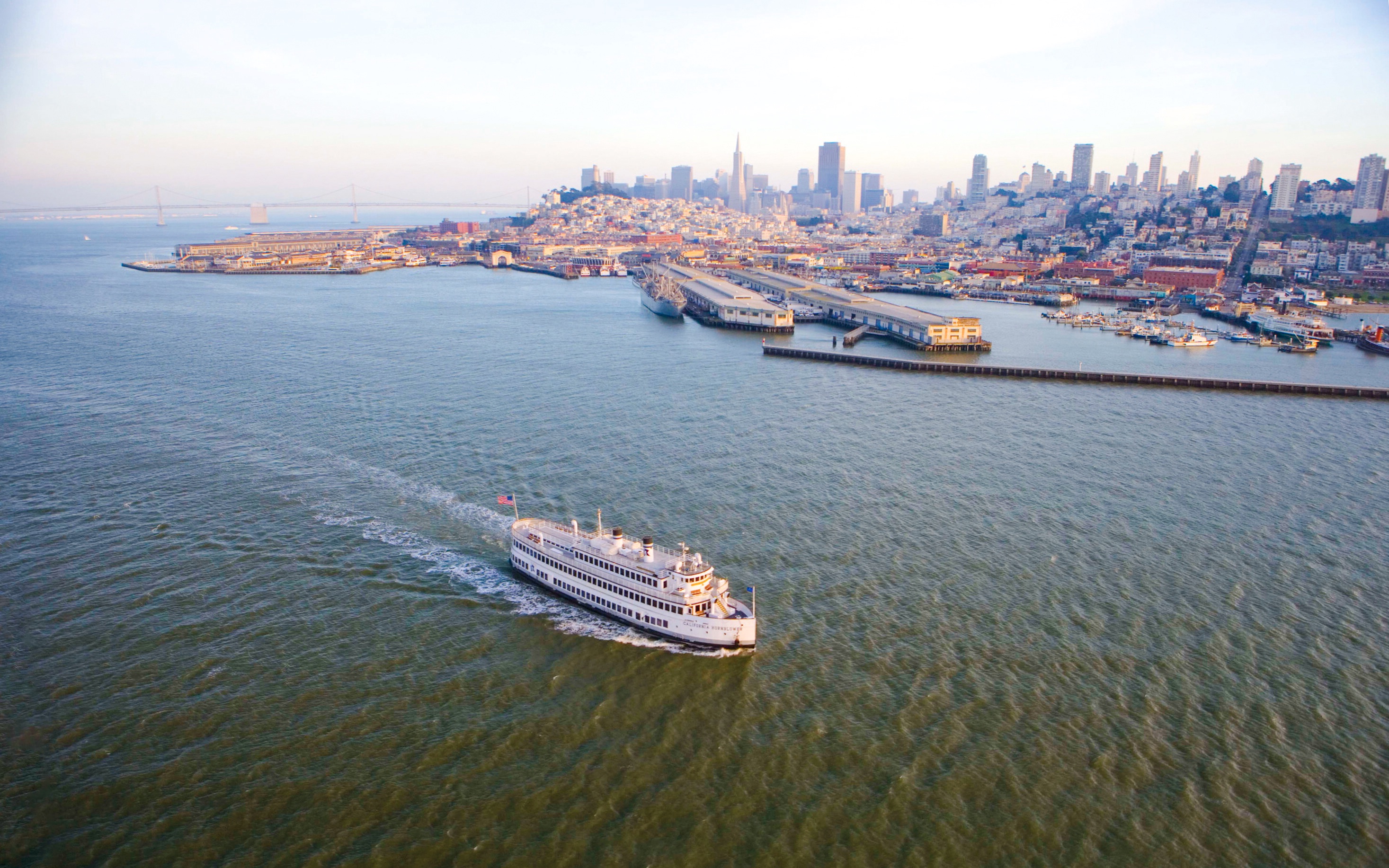 Cruise ship sailing near San Francisco skyline and Bay Bridge.