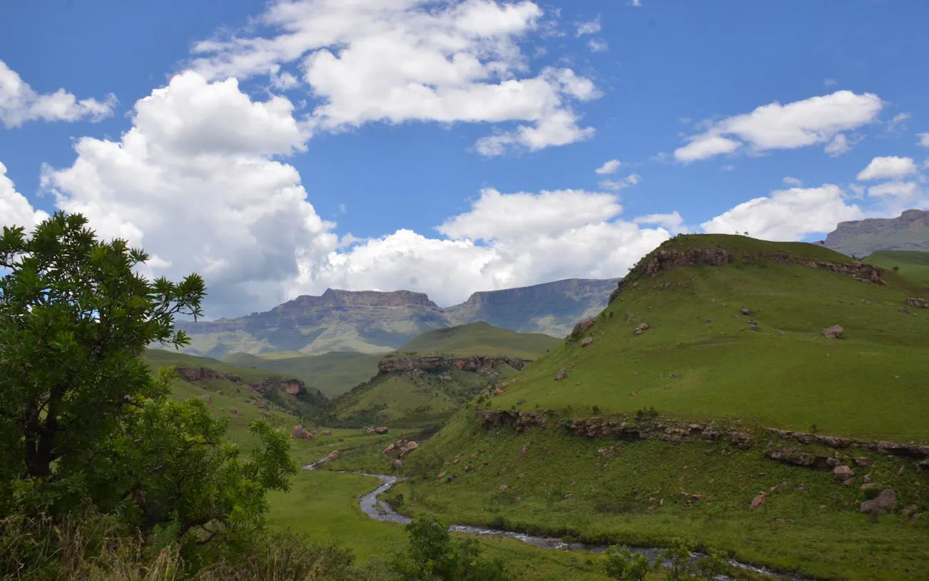 Drakensberg mountains with lush green hills and a winding stream under a blue sky.