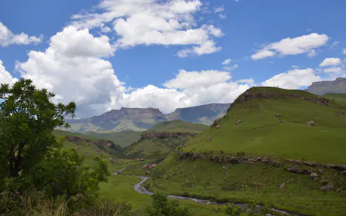 Drakensberg mountains with lush green hills and a winding stream under a blue sky.