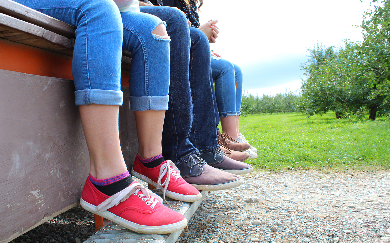 Casual shoes worn by people sitting on a bench in an orchard.
