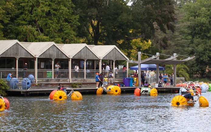 Visitors enjoying pedal boats on a lake near a pavilion during the Puffing Billy and Phillip Island tour.