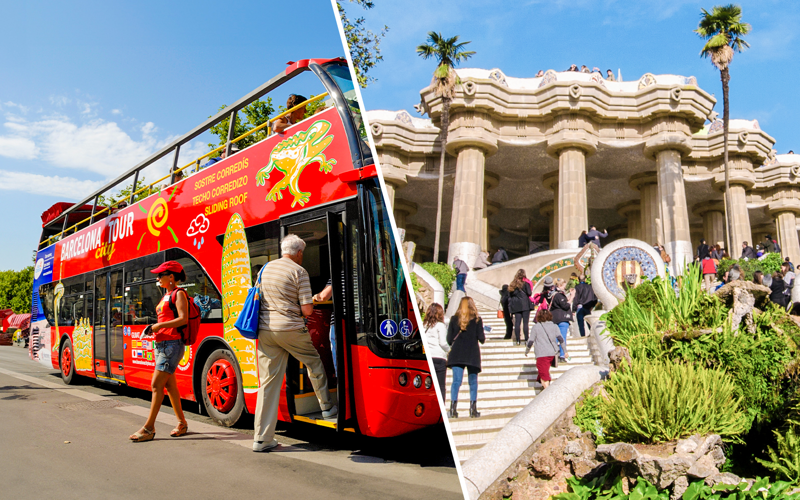 El Autobús turístico de Barcelona cerca de la entrada de Park Güell, con coloridos mosaicos de azulejos.