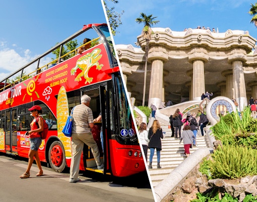 Barcelona Hop-On Hop-Off bus near Park Güell entrance with colorful mosaic tiles.