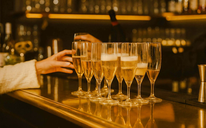 Serving champagne at Madame Arthur cabaret show in Paris.