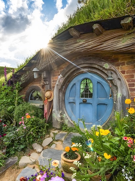 Hobbiton house with blue door and vibrant flowers, lush greenery in Rotorua.