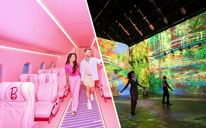Guests exploring Barbie The Dream Experience in Amsterdam with vibrant pink airplane seats and immersive art displays.