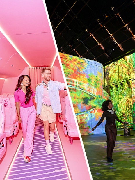 Guests exploring Barbie The Dream Experience in Amsterdam with vibrant pink airplane seats and immersive art displays.