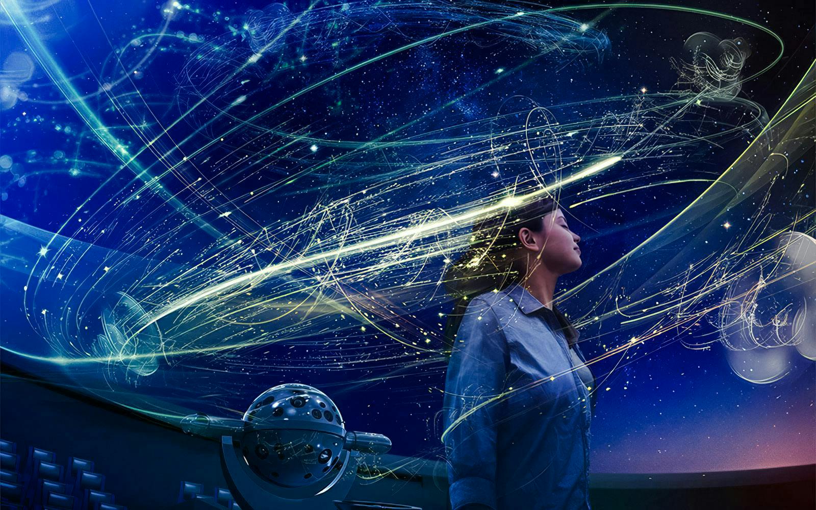 Visitor experiencing a starry projection at Konica Minolta Planetarium Tenku, Tokyo Skytree Town.