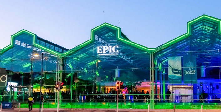 Epic Museum facade with illuminated glass exterior in Dublin, Ireland.