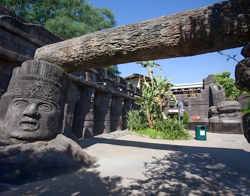 People enjoying a water ride at El Dorado in Isla Magica, Seville, Spain.