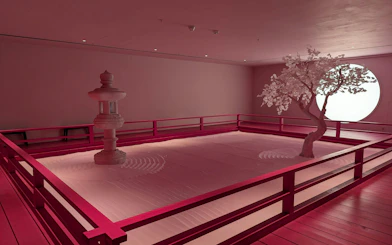 Zen garden installation with stone lantern and tree at Moco Museum.
