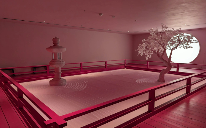 Zen garden installation with stone lantern and tree at Moco Museum.