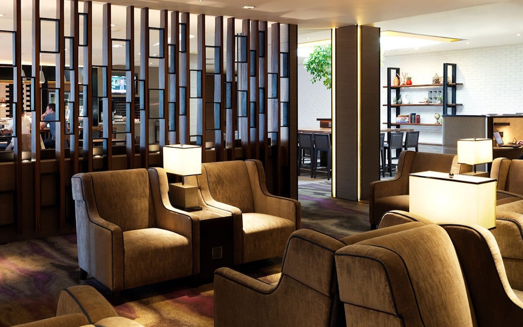Seating area in Plaza Premium Lounge, Terminal 4, London Heathrow Airport.