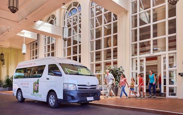 Tour group boarding a van for a Rainforest and Nocturnal Wildlife Tour.