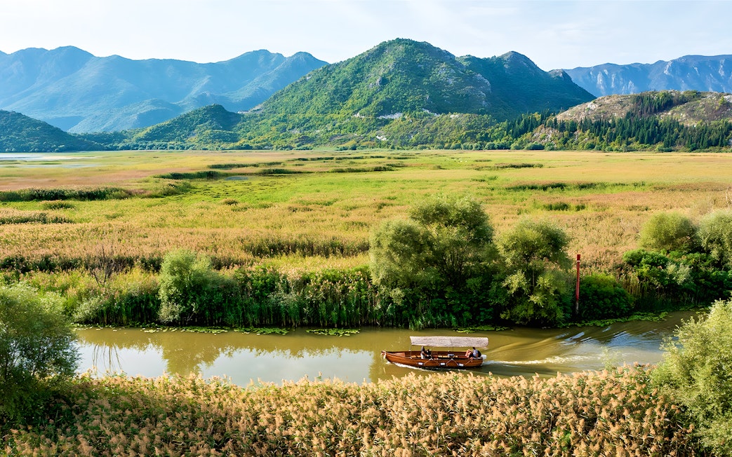 Wooden boat on guided sightseeing tour through Lake Skadar's lush landscape.