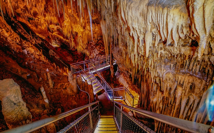 Staircase leading through stalactites and stalagmites in Hastings Caves, Tasmania.