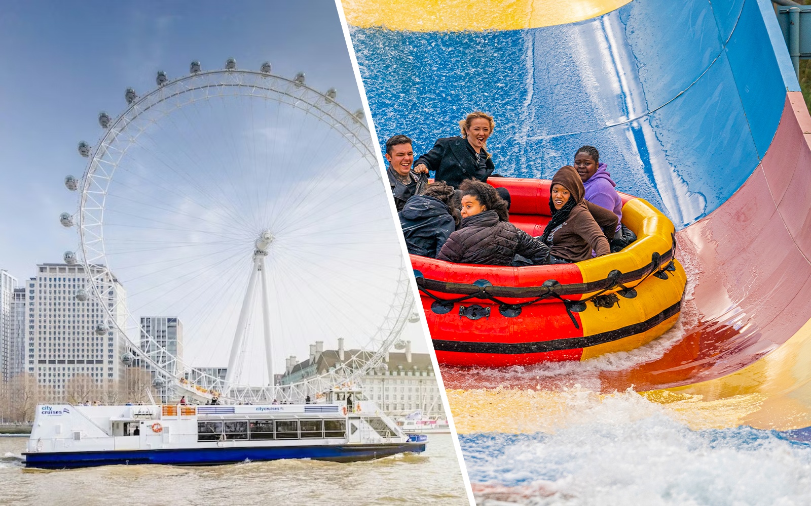 Thames River cruise boat near London Eye and people on water ride at Thorpe Park.