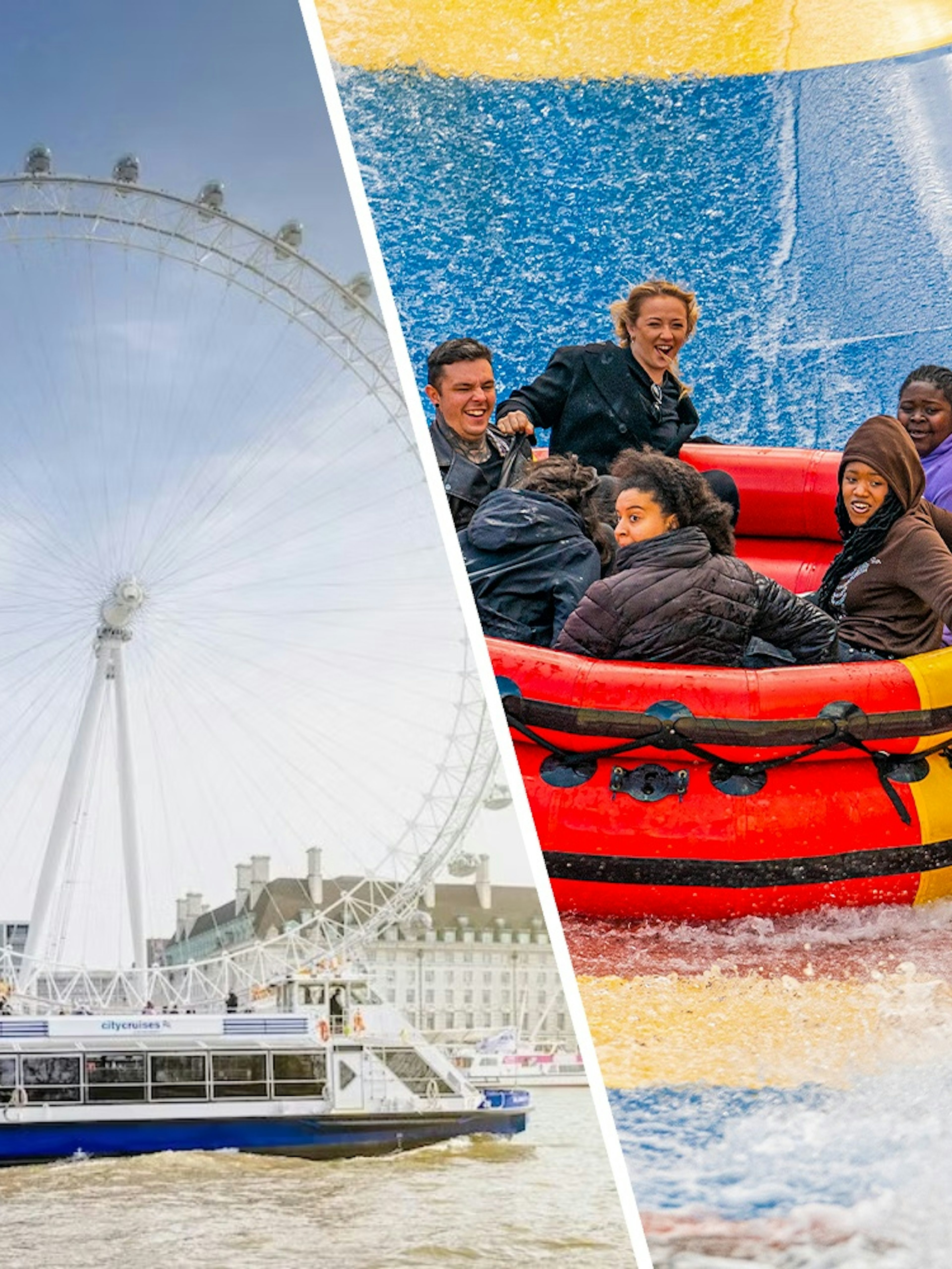 Thames River cruise boat near London Eye and people on water ride at Thorpe Park.