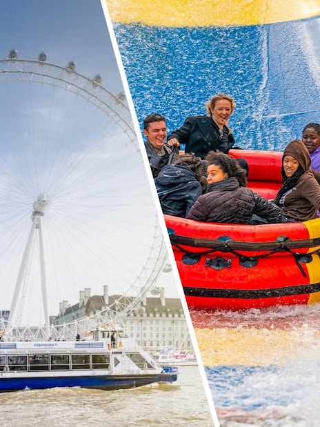 Thames River cruise boat near London Eye and people on water ride at Thorpe Park.