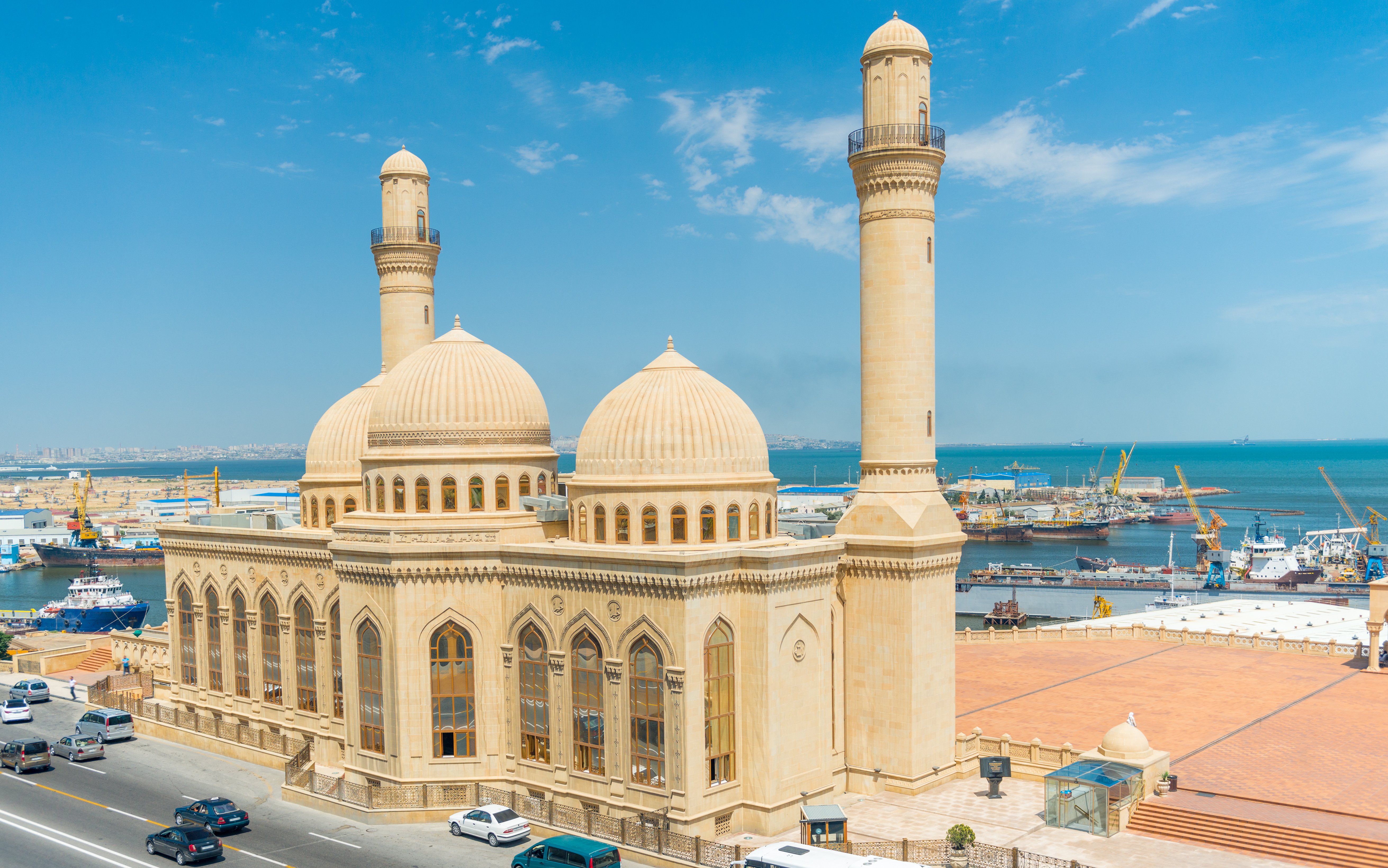 Bibi-Heybat Mosque with minarets overlooking the Caspian Sea in Baku, Azerbaijan.