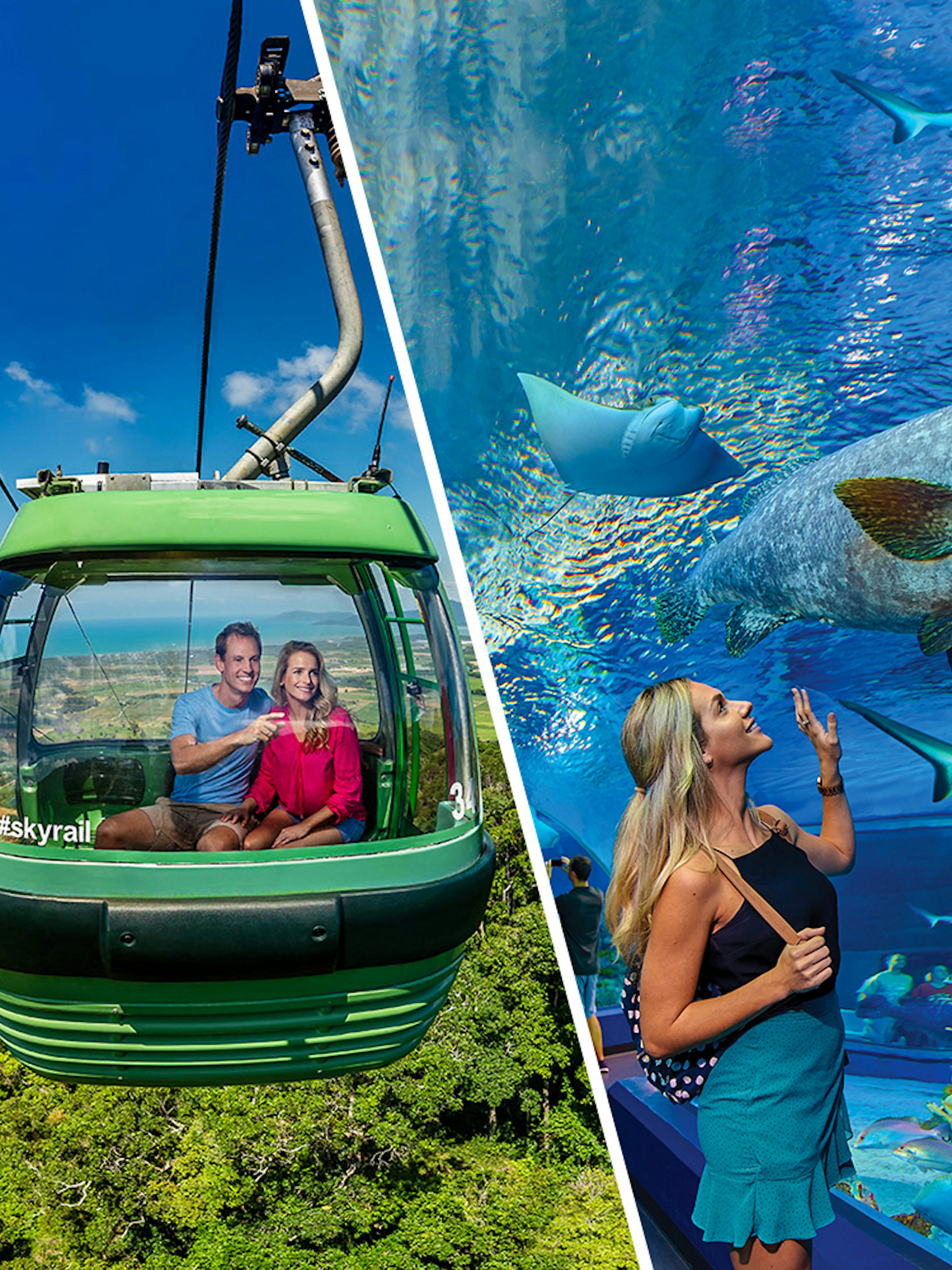 People in cable car enjoying Kuranda Skyrail view over rainforest, Cairns, Australia.