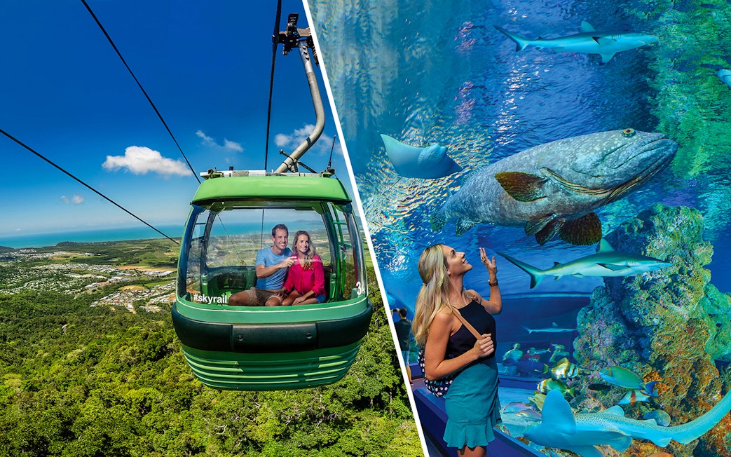 People in cable car enjoying Kuranda Skyrail view over rainforest, Cairns, Australia.
