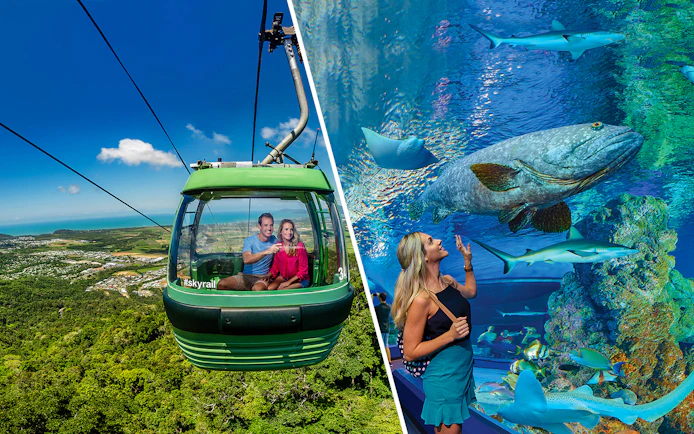 People in cable car enjoying Kuranda Skyrail view over rainforest, Cairns, Australia.