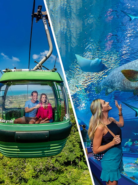 People in cable car enjoying Kuranda Skyrail view over rainforest, Cairns, Australia.