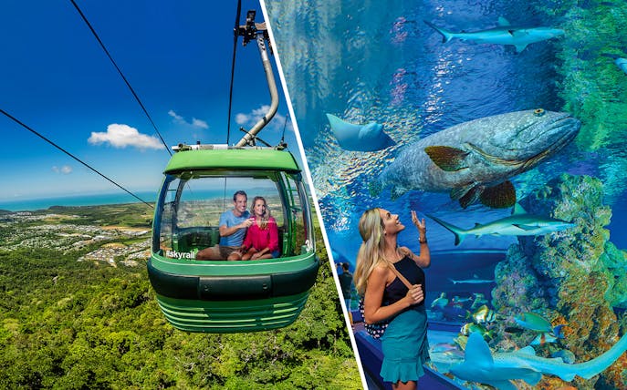 People in cable car enjoying Kuranda Skyrail view over rainforest, Cairns, Australia.