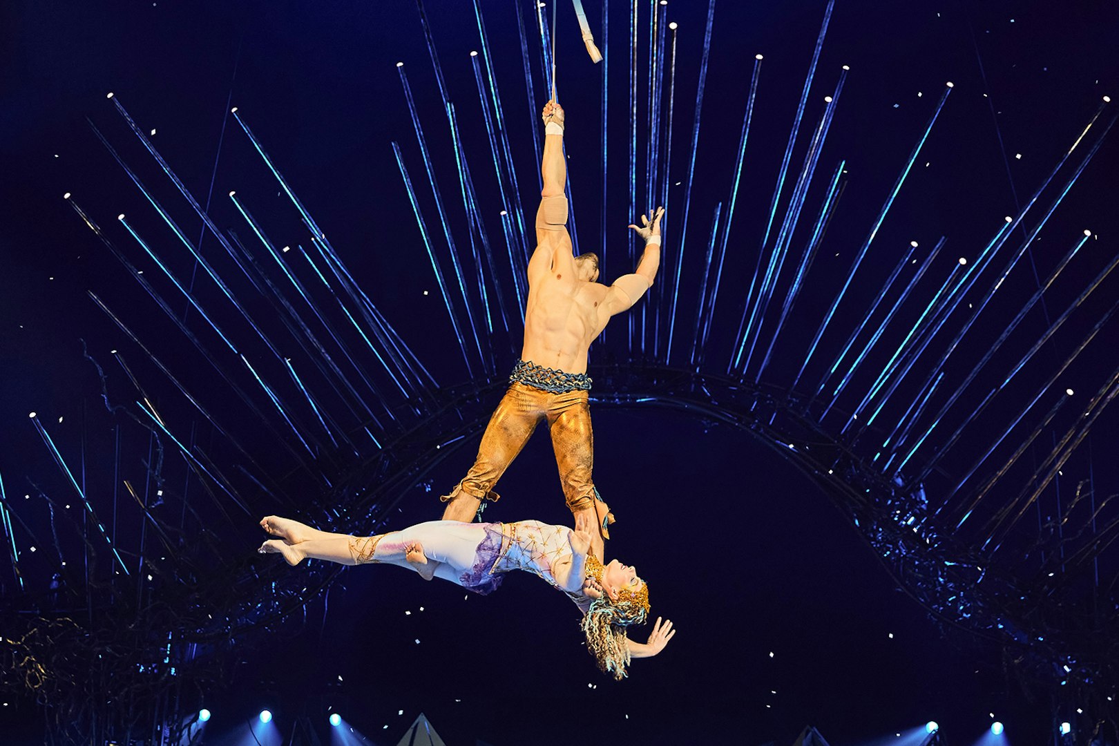 Acrobats performing aerial act at Cirque du Soleil: Alegría in Seville.